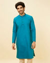 alt message - Manyavar Men Teal Green Self Striped Kurta image number 0